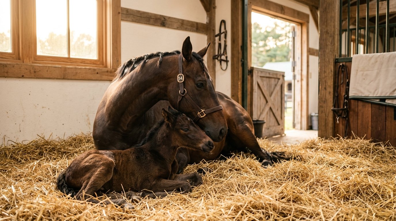 Mother mare tenderly resting with newborn foal in straw stable
