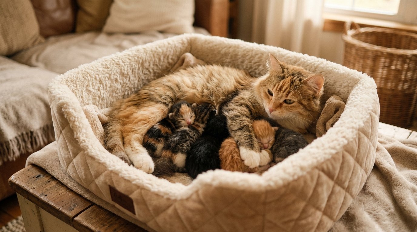 Mother cat cuddling cozy newborn kittens in a soft plush nesting box