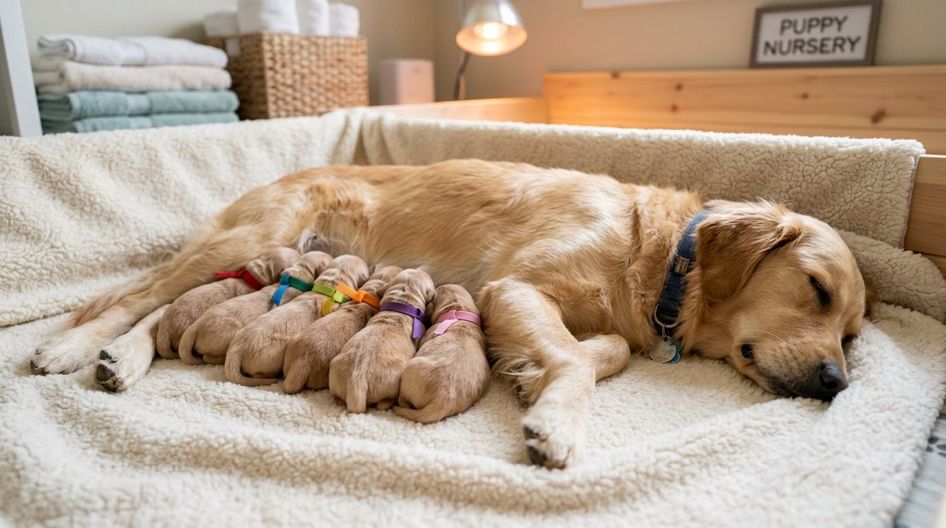 Mother golden retriever resting with newborn puppies wearing colorful ribbon collars